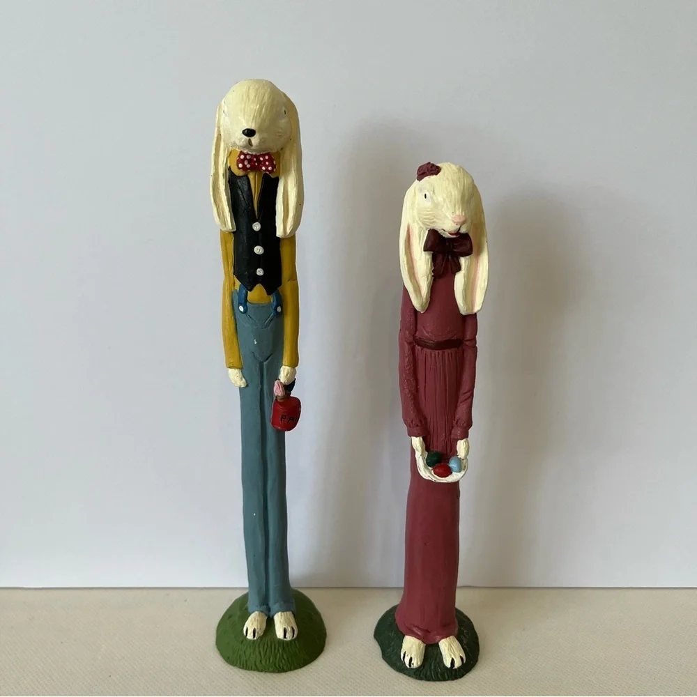 Vintage TNT 1991 Tall Skinny Rabbit Couple Easter Eggs Figurines Set Folk Art